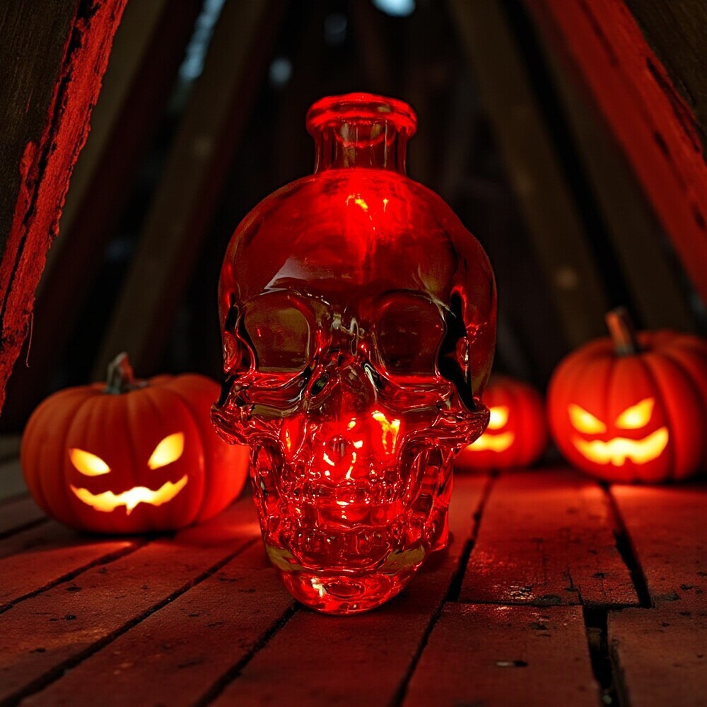 Crystal Skull (Glass) Decanter Aykroyd w/MultiColor Light Halloween Spooky Scary